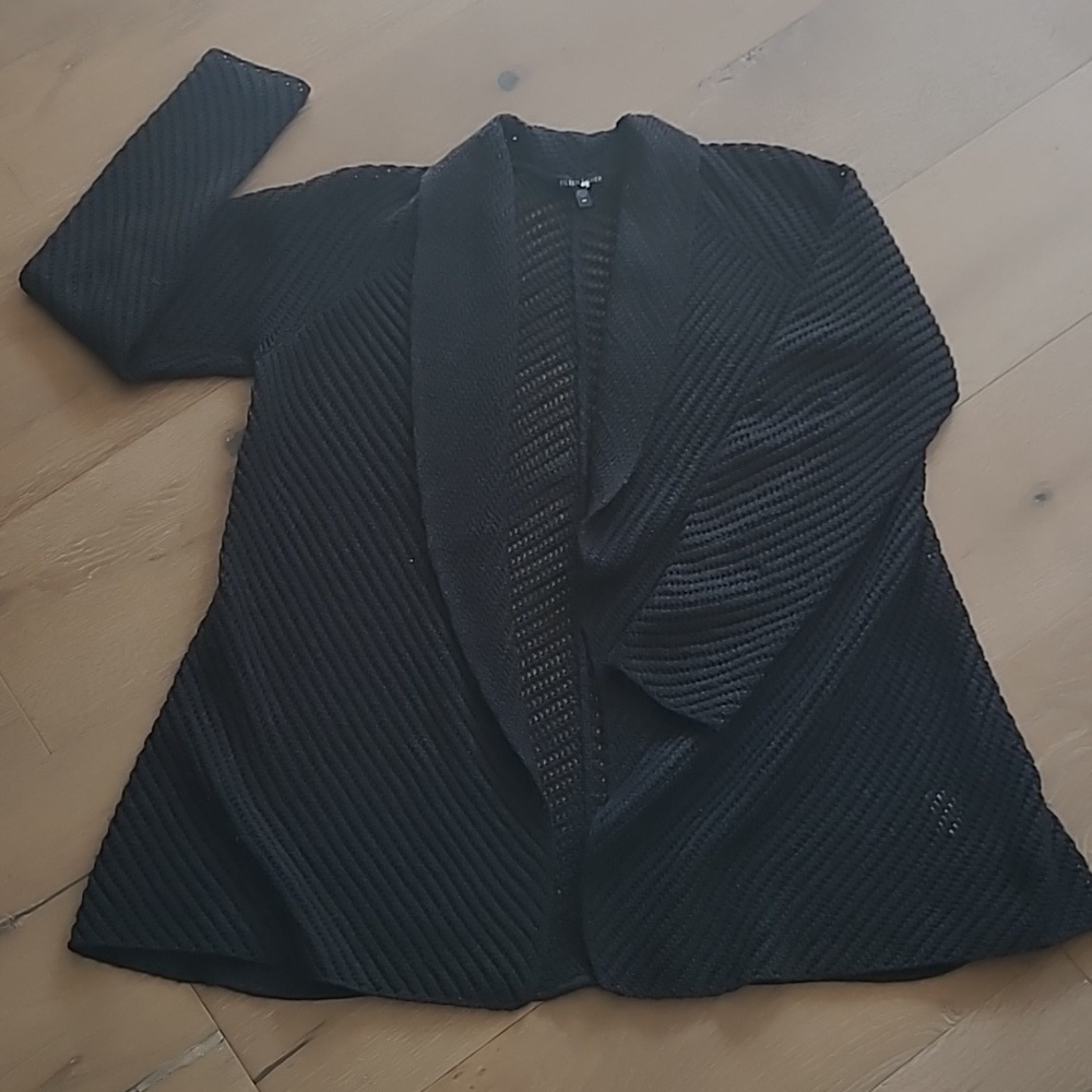 Eileen Fisher Cardigan Women's Med Black 100% Merino Wool Open Cardigan Sweater